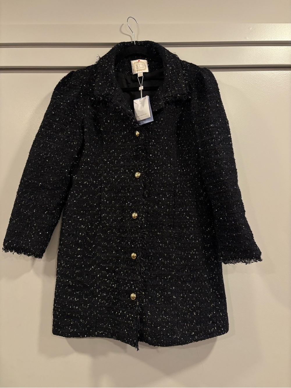 Sail To Sable | Black Sparkle Fringe Button-Front Tweed Coat Jacket NWT